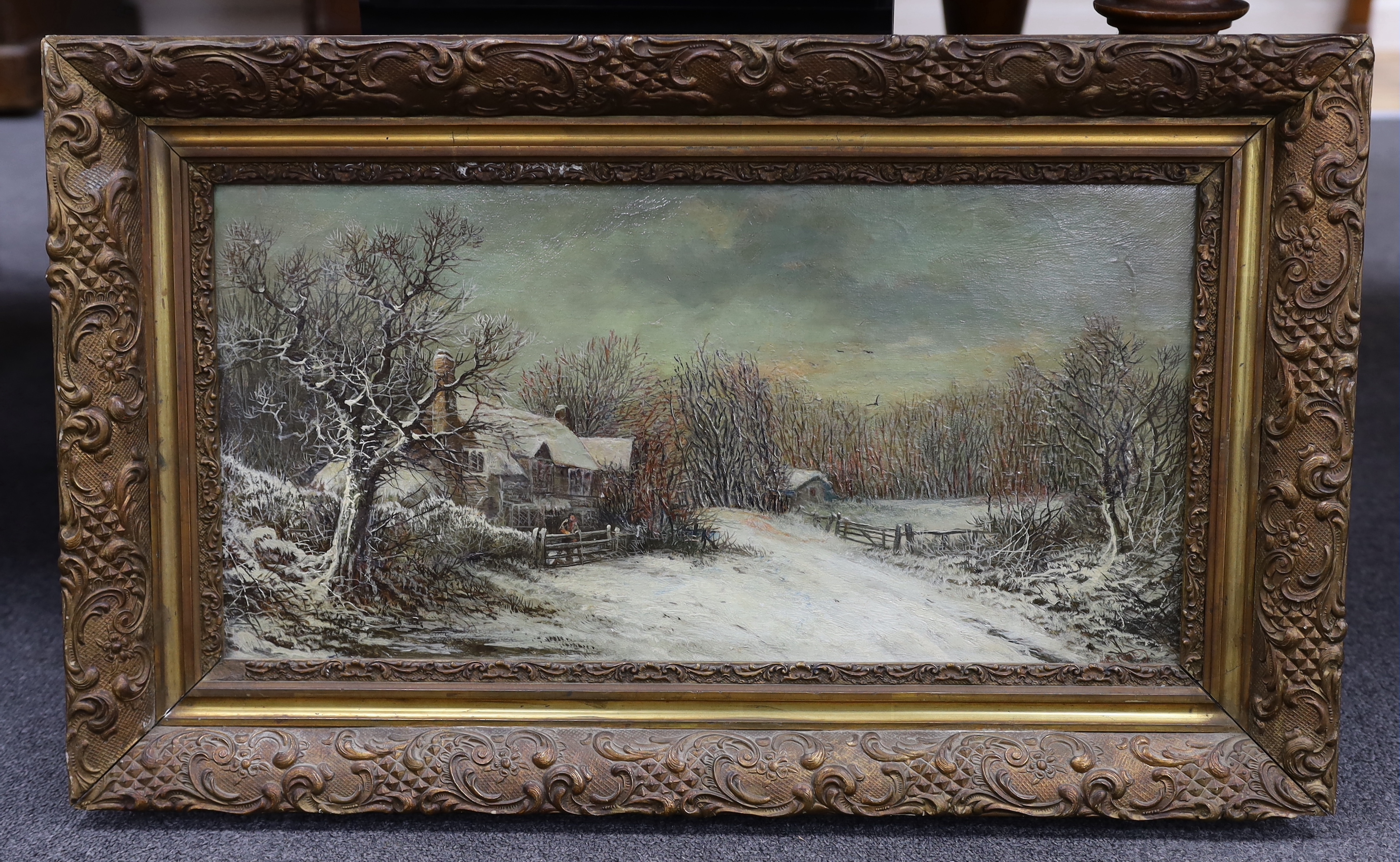 William Stone (fl.1855-93), oil on canvas, Panoramic winter landscape, signed, 29 x 58cm